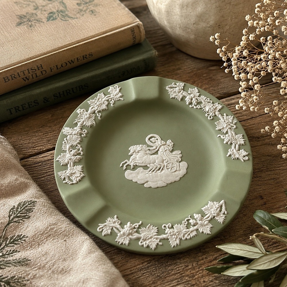 Vintage Wedgwood Jasperware Aurora Chariot Trinket Dish Sage Green 4" England